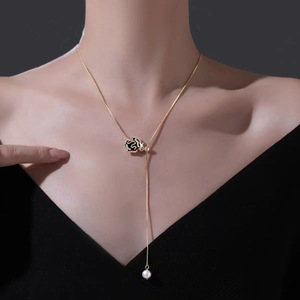 Gold Rose Necklace Sweater Chain With Pearl Drop Daily Wear Fashion Jewelry - Product Image 3
