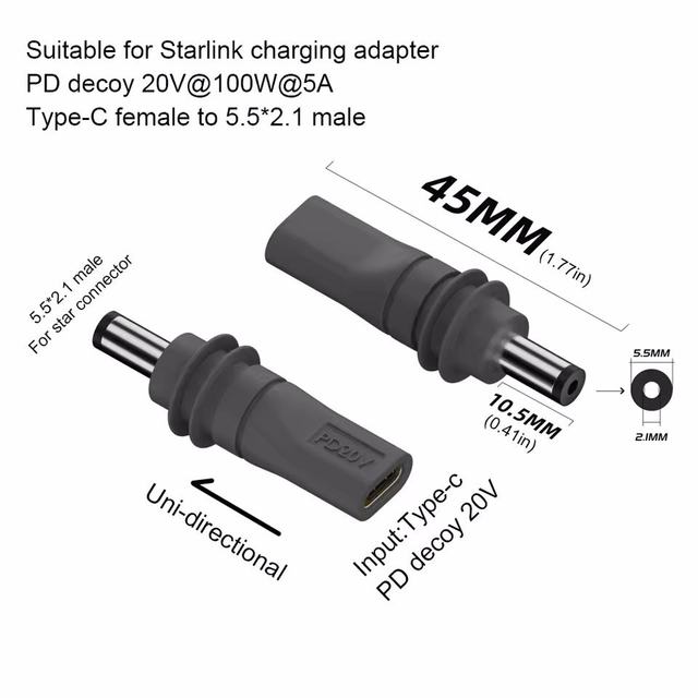 USB C Female to DC5.5*2.1mm Male Adapter Connector Power Converter for Starlink Mini 20V 65W Type-C PD Source