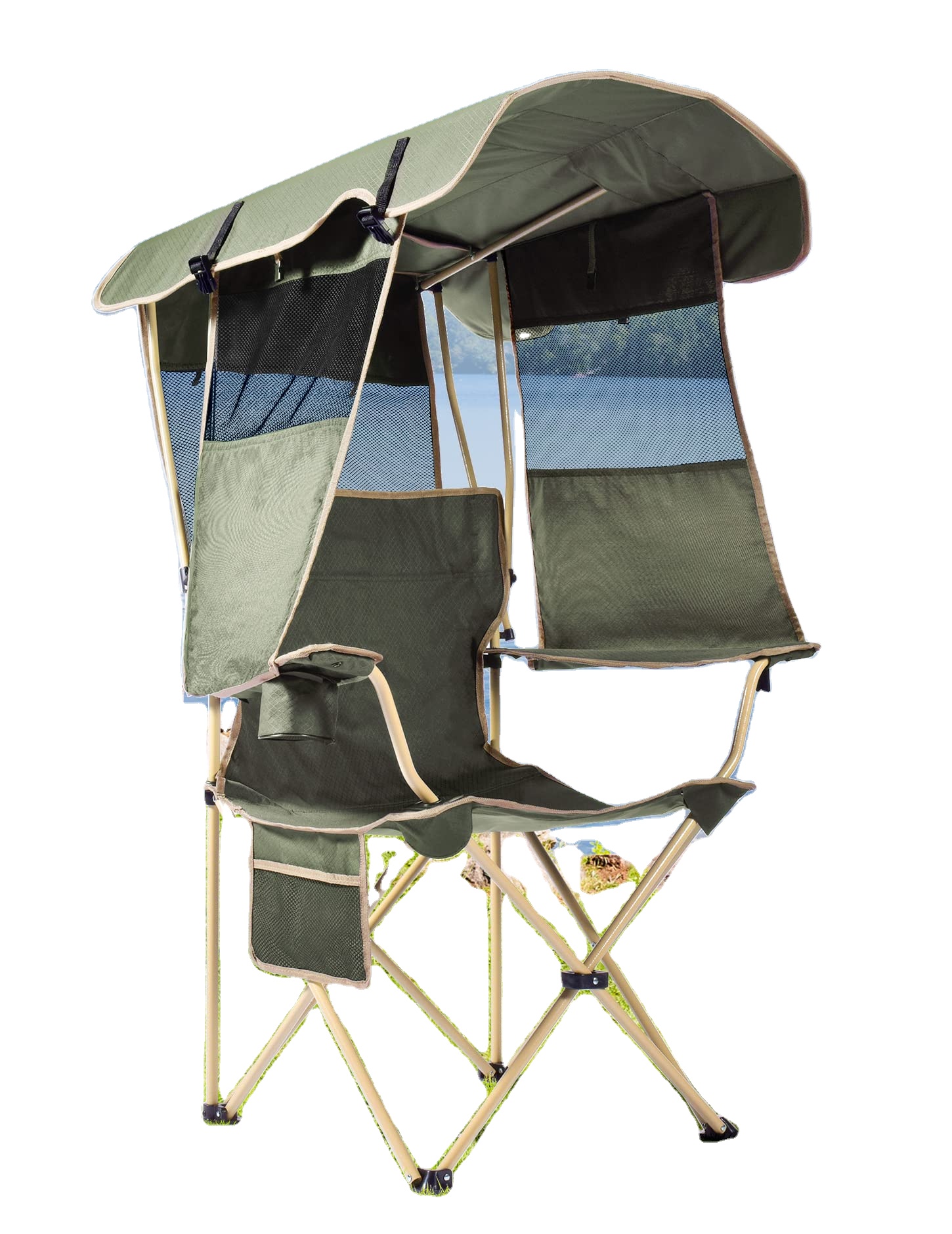 Chaise de camping pliante avec auvent Chaise de pelouse Chaise de plage extérieure avec pare-soleil rétractable Upf 50 + Canopy, porte-gobelet