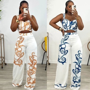 CW10805 Set Casual da <span class=keywords><strong>donna</strong></span> in due pezzi Top corto stampato e pantaloni larghi per abbigliamento quotidiano 2025 Boutique - Product Image 1