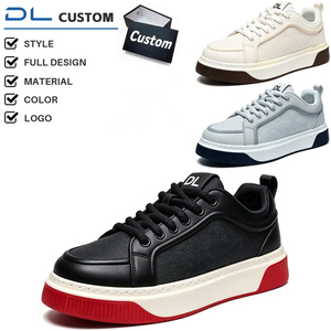 Zapatillas de skate personalizadas de caña baja, transpirables, de malla tejida y cuero liso, con borde dentado bicolor, plataforma plana en capas y logotipo DL en la lengüeta. - Product Image 1