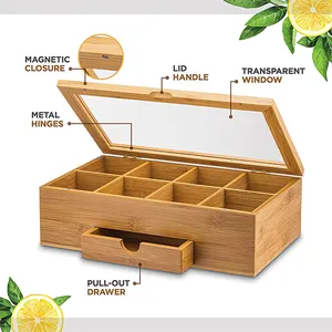 Cofre de té de madera con cajón deslizante y tapa magnética para ventana acrílica, organizador de cajas de té de bambú fresco