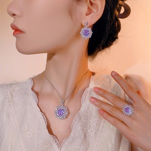 Fashion Jewelry Eco-friendly Copper 12-10mm Purple Zircon Jewelry Flowers Design Necklace <b>Set</b> for Women Romantic Bridal Style - Product Image 6