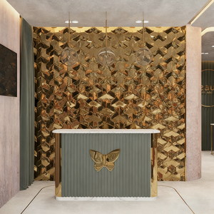 Armoire <span class=keywords><strong>de</strong></span> présentation <span class=keywords><strong>de</strong></span> <span class=keywords><strong>salon</strong></span> <span class=keywords><strong>de</strong></span> coiffure en acier inoxydable moderne minimaliste <span class=keywords><strong>de</strong></span> luxe personnalisable, style rétro, éclairage LED, design mural - Product Image 5