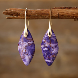 Bohemian Stone Color-<b>Blocked</b> Leaf Pendant Earrings Women's Fashion Dangle Jewelry Gift Zinc Alloy Geometric <b>Shape</b> Plant Pattern - Product Image 4