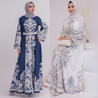 Abaya vintage à imprimé floral pour adultes avec ceinture assortie, robe longue décontractée à col montant et manches évasées pour femmes musulmanes