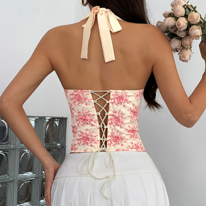 Femmes coupe basse Sexy en <span class=keywords><strong>bois</strong></span> bord d'oreille imprimé dos nu suspendu cou anneau en acier débardeur haut Sehe mode - Product Image 4