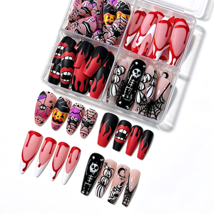 96 pièces <span class=keywords><strong>Faux</strong></span> <span class=keywords><strong>ongles</strong></span> à presser Halloween Gothique Goutte de sang, modèles mixtes : longs, forme Stiletto, Cercueil, Crâne, Toile d'araignée, Flamme, pour manucure - Product Image 6