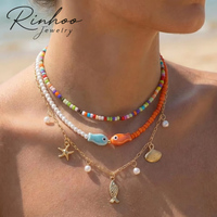 Kalung Liontin Bintang Laut dan Kerang RINHOO untuk Musim Panas, Kalung Choker Ikan Mutiara Manik-Manik Warna-Warni Gaya Boho untuk Wanita, Perhiasan Pesta Liburan