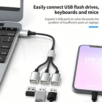 Adaptador USB Hub de 3 Puertos OTG, Divisor USB 2.0, Cable de Extensión USB C con Malla de Nailon, 3A Carga Rápida