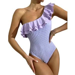 loch-design damen badeanzüge streifen bikinis nachhaltige hohe taille monkini eine schulter badeanzug rüschen-dekoration