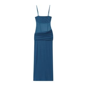 Robe longue d'été décontractée plissée à bretelles spaghetti de couleur bleu foncé pour femmes - Product Image 1
