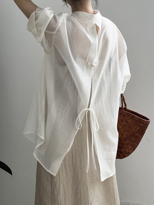 <span class=keywords><strong>Chemise</strong></span> légère à boucle de style chinois pour <span class=keywords><strong>femme</strong></span>, nouvelle collection d'été, haut à fente dorsale - Product Image 2