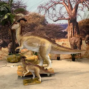 Dinosaurus animatronik Parasaurolophus dengan satu bayi untuk taman Dino