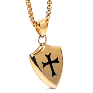 Collier pendentif bouclier en acier inoxydable, croix gravée au laser, bijoux unisexe tendance, design géométrique 45MM - Product Image 1
