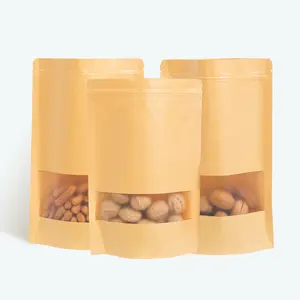 Kraft Paper Pouch With Window And Zipper Standing Up Pouch For Food Nuts Cashew Packaging Bag