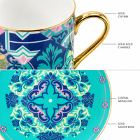 Service à thé en porcelaine, motif mosaïque, théière, tasse, soucoupe, bord doré, coffret cadeau, vente en gros, fournisseur OEM ODM pour hôtels et thés de l'après-midi