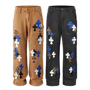 Jeans de Moda para Hombre, Estilo Retro Americano 2025, con Parches de Cuero Cruzados, Corte Holgado, Denim Lavado de Peso Medio, Detalles de Doble Capa, Otoño Invierno - Product Image 1