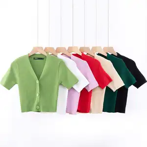 Custom OEM ODM Women's Sweaters Short Sleeve Knitwear Ladies Tshirt Spring Summer Knitted Cardigan Sweater For Women