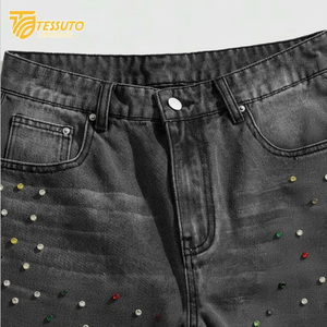Pantalones cortos de mezclilla desgastados de verano personalizados para mujer, pantalones cortos holgados con estampado bordado de diamantes de imitación con lavado ácido French Terry - Product Image 1