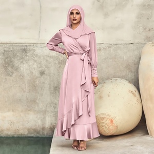 Asymmetrisches Rüschen-Taillengürtel Muslimisches Kleid Hohe Qualität Lange Ärmel Satin Muslimische Damen Einfarbiges Maxikleid - Product Image 1