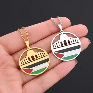 Enameled Palestine Map Chain Necklaces Stainless Steel 18K Gold Plated Enamel Palestine National Flag Map Pendant Necklace