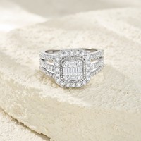 Anello Geometrico in Argento Sterling Placcato Rodio con Moissanite D-color Taglio Smeraldo e Incastonatura a Pavé, Stile Lusso Leggero, per Industrie Pesanti