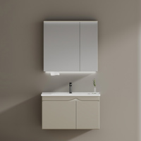 Meuble de salle de bain moderne en contreplaqué gris chaud avec poignée intégrée ondulée, plan de travail en pierre frittée, 2 portes, miroir LED et distributeur de mouchoirs