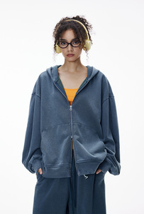 Chaqueta Corta con Capucha para Hombre, de Algodón, con Lavado Ácido, Efecto Desgastado, Tinte Especial Aso, Cierre de Cremallera, Estilo Cuadrado, para Otoño - Product Image 4