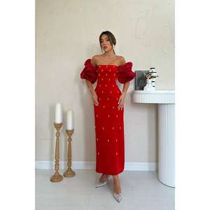 Elegante Vestido de Noche Rojo de Terciopelo con Cuello Cuadrado, Mangas con Volantes, Silueta Ajustada y Cintura Natural - Product Image 5