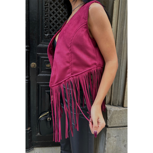 Chaleco de Gamuza con Flecos para Mujer, Color Borgoña, 100% Poliéster, Ropa Exterior - Product Image 6