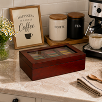 Boîte à thé élégante en bois de pin avec couvercle en verre, organisateur de sachets de thé à compartiments multiples, conteneur de rangement pour la cuisine, cadeau