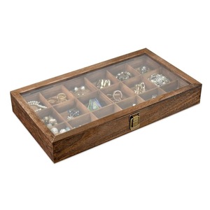 Wood Jewelry Storage <b>Box</b> With <b>Glass</b> Lid 15 Compartments For Bracelets Earrings Rings Necklaces Rustic Style Display Case - Product Image 4
