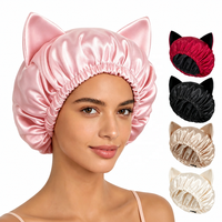 Bonnet en satin à double couche réglable avec logo personnalisé et oreilles de chat, bonnet de nuit pour femmes, bonnet de sommeil pour les soins des cheveux naturels