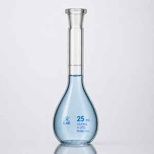 Fiole volumétrique en verre borosilicate LabElite 25 ml, haute précision, résistante à la chaleur, avec bouchon en verre - Product Image 1
