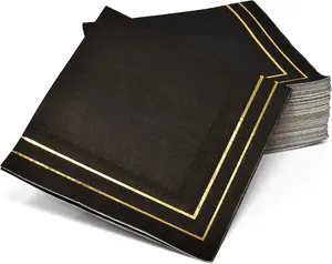 Serviettes de table à cocktail noires et dorées 3 plis en feuille d'or métallique à rayures jetables pour le dîner et le mariage