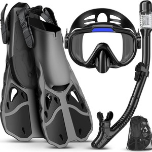 Kit de plongée en apnée pour adultes avec masque anti-buée, palmes et tuba sec, ensemble trois pièces bleu noir - Product Image 2