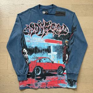 T-shirt unisexe à manches longues en coton, coupe ample, imprimé lettres, style rock rétro délavé, nouvelle collection printemps 25SS - Product Image 3