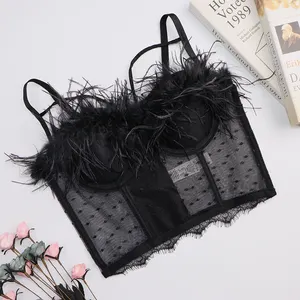 High quality wholesale sexy underwear feather Bra Black and white transparent women's top