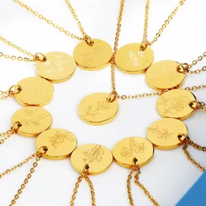 FY Jewelry Customized Stainless Steel Jewelry Personalized Gold Birth Floral Flower Month Coin Pendant Necklace For Women