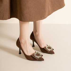 Brown <b>Suede</b> Solid Fashion Trend Pumps Pointed Toe Stiletto <b>Heel</b> Crystal Decoration Office Shoes Size 36 - Product Image 2