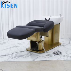 Kisen 2025 Neues Design Bestseller Friseursalon-Möbel Elektrischer Schwarzer Leder-Shampoo-Stuhl <span class=keywords><strong>Massage</strong></span>-SPA-Liege mit Goldbasis - Product Image 2