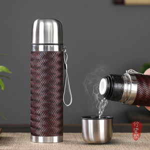 Bamboo Woven Thermos Flask 1000ml Lightweight Portable Travel Hot Water Bottle With Tea Strainer Direct Drinking Cap - Product Image 1