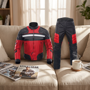 MERITORIOUS Unisex <b>Red</b> Black Kadura 180g Motorcycle <b>Suit</b> Full Sleeve Windproof Color Blocked Jacket Pants Set All Seasons Adult - Product Image 4