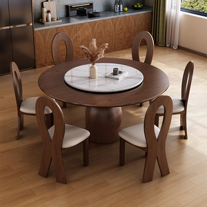 Juego de mesa y sillas de comedor de madera maciza estilo vintage, 6 piezas, redondo con mesa giratoria para comedor - Product Image 3