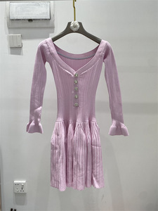 Nuovo Arrivo 2026: <span class=keywords><strong>Abito</strong></span> Autunnale con Spalle Scoperte, Bottoni in Strass, Volant, <span class=keywords><strong>Maniche</strong></span> <span class=keywords><strong>Lunghe</strong></span>, Vestito Mini Aderente e <span class=keywords><strong>Svasato</strong></span> in Maglia per Donna - Product Image 2