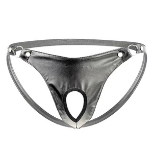 String pour homme en similicuir noir, taille basse, ouverture frontale, respirant, couleur unie G413 - Product Image 1