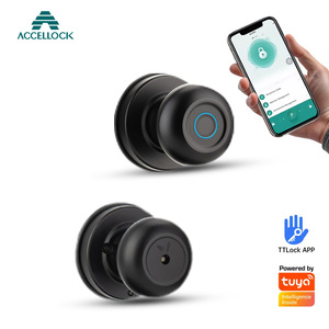Kunci Pintu Pintar Bulat Tanpa Kunci, Entri <span class=keywords><strong>Digital</strong></span> Sidik Jari, Remote Aplikasi Tuya untuk Paduan Aluminium, Kompatibel dengan Pintu Kayu - Product Image 1