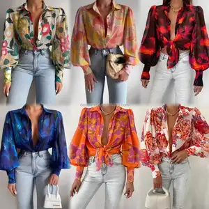 Wholesale hot cardigan loose puffy sleeve printed blouse blouse and office top fashion summer shirt 2024