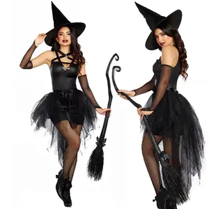 Halloween elástico preto clássico fantasia de bruxa para festa de carnaval sexy mulher cosplay fantasia de palco com adereços